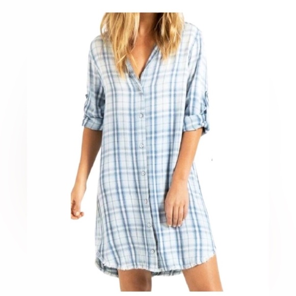 Bella Dahl Blue Plaid Long Sleeve Shirt Dress NWT - Picture 1 of 7